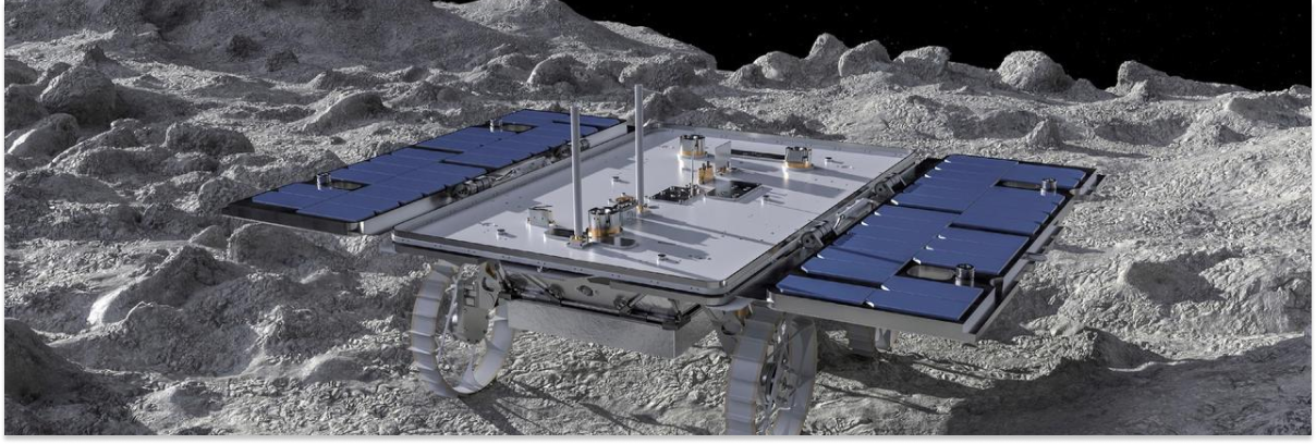 This artist's concept depicts a small rover – part of NASA's CADRE (Cooperative Autonomous Distributed Robotic Exploration) technology demonstration headed for the Moon – on the lunar surface.