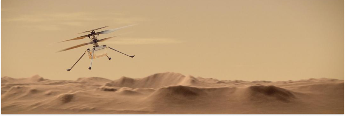 An artist's concept of NASA's Ingenuity Mars Helicopter flying through the Red Planet's skies.