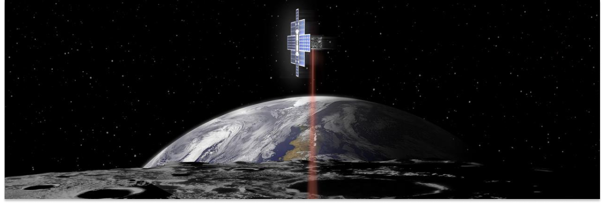 This artist's concept shows the Lunar Flashlight spacecraft, a six-unit CubeSat designed to search for ice on the Moon's surface using special lasers.